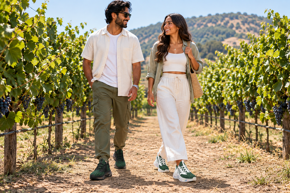 South Asian man and Latina woman strolling through a vineyard in the green Z-logo sneakers