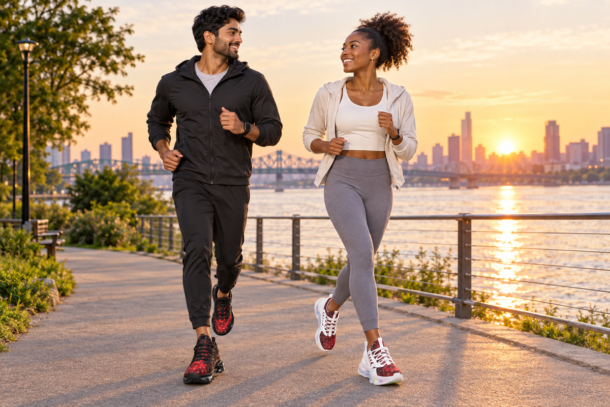 South Asian man in black sneakers and Black woman in white sneakers jogging by a river at sunrise