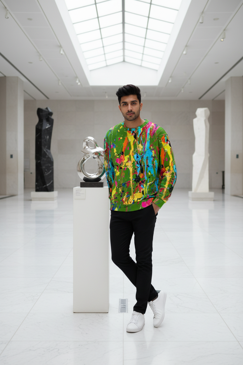 South Asian man in bright green paint splatter sweatshirt, museum setting