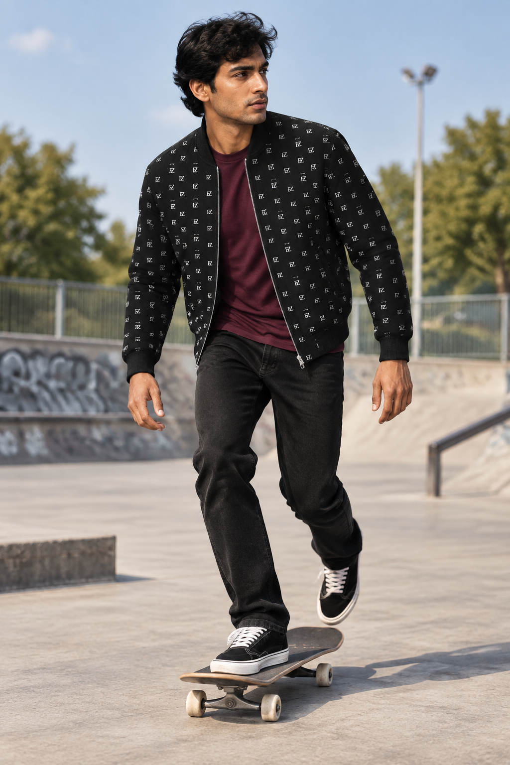 South Asian man in the black FZ bomber skateboarding