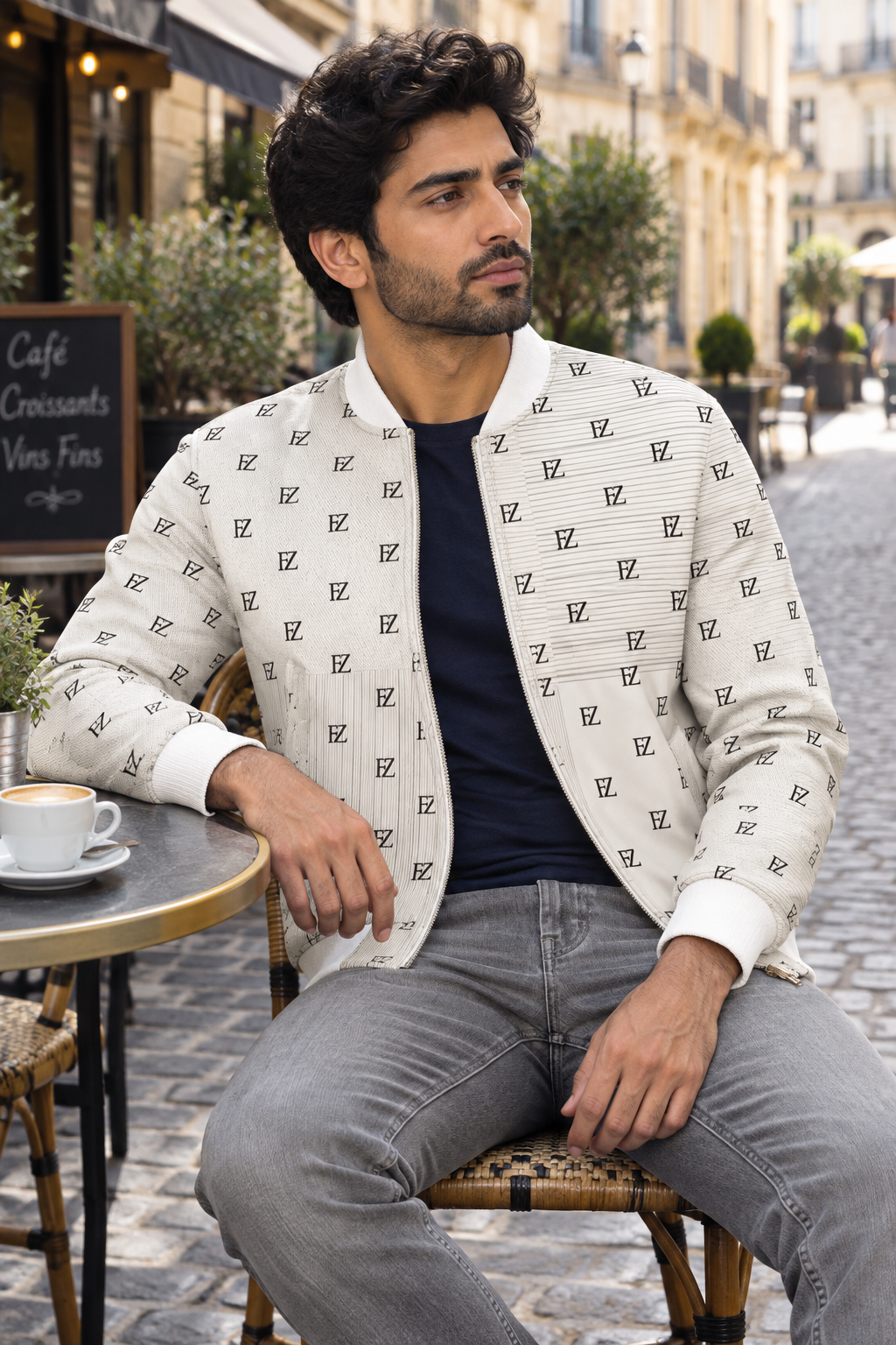 South Asian man in the FZ denim bomber at a cobblestone café