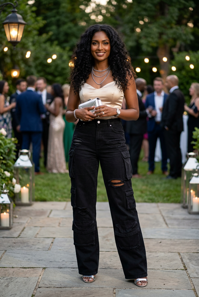 South Asian model at an evening garden party in black cargo jeans and silver heels