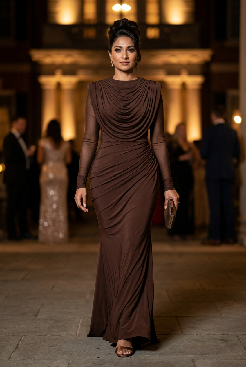 South Asian model in the chocolate-brown gown with bronze heels at a mansion gala entrance