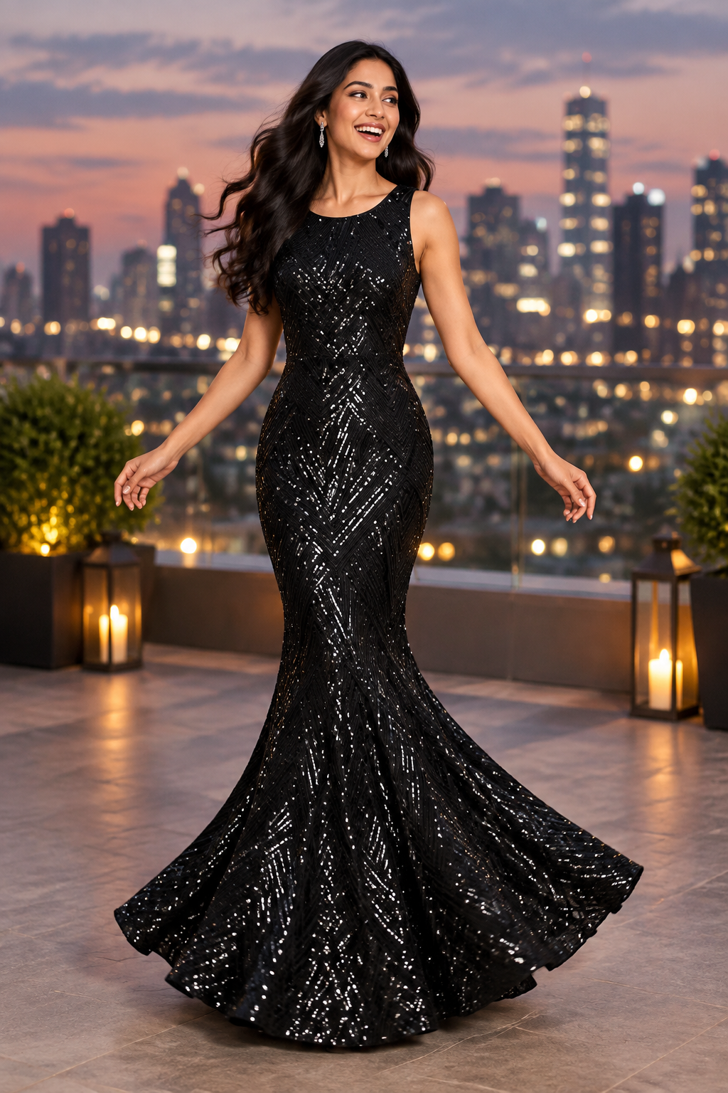 South Asian model mid-twirl on a rooftop at dusk in the black sequin gown