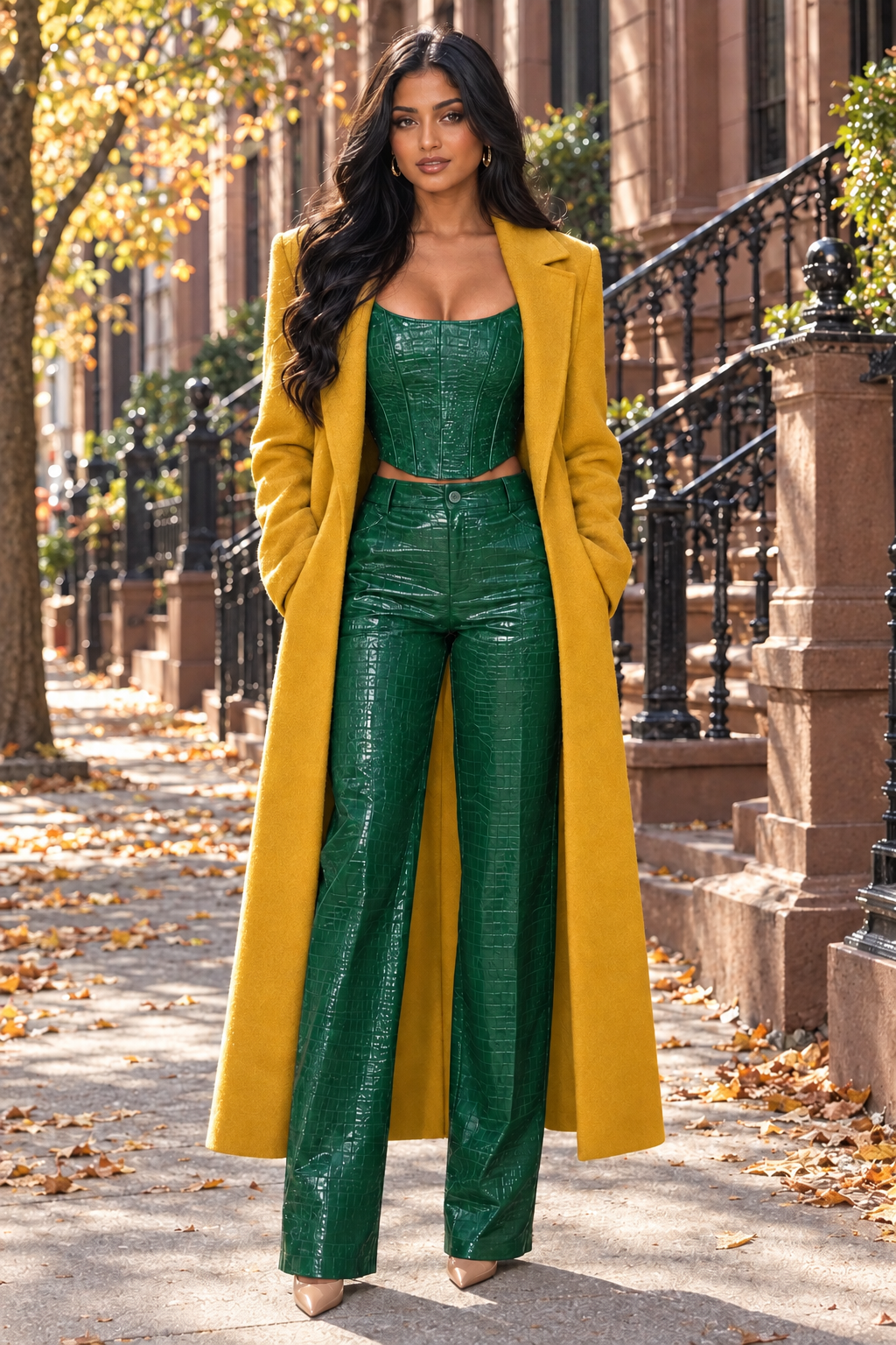 South Asian model on a brownstone street in the emerald set with a mustard yellow coat