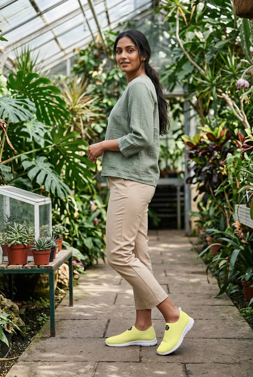 South Asian model on a greenhouse path