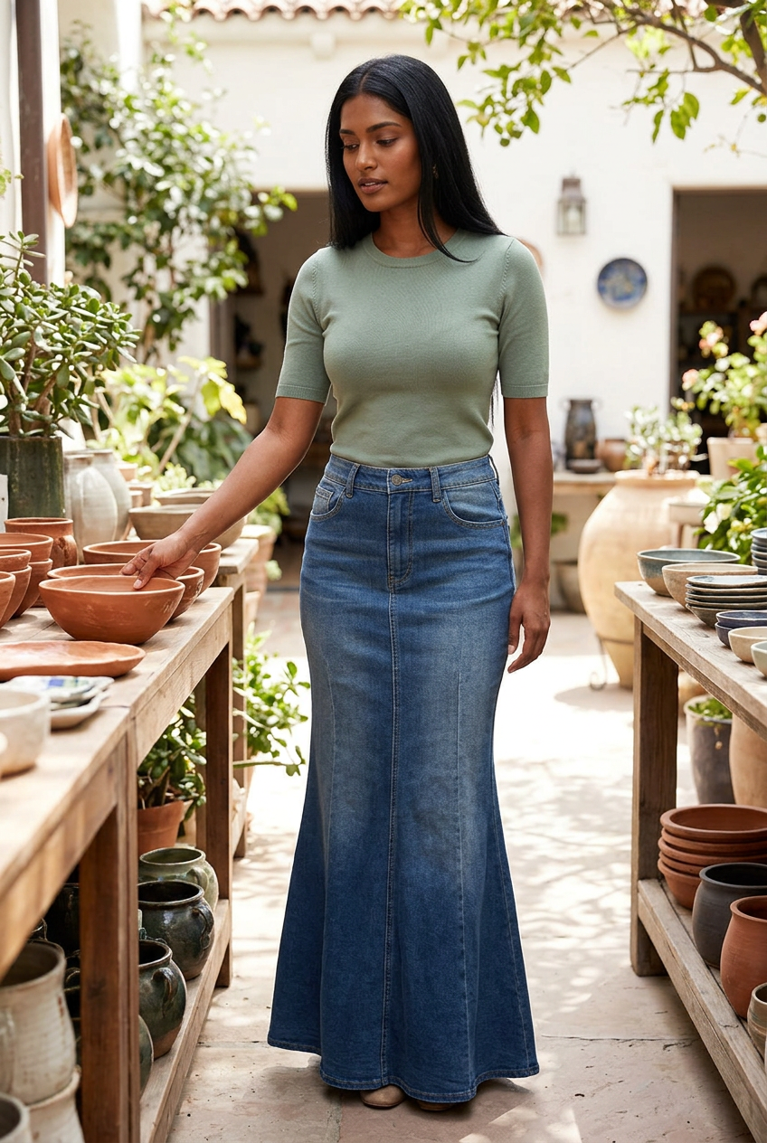 South Asian model wearing the skirt in a ceramics courtyard