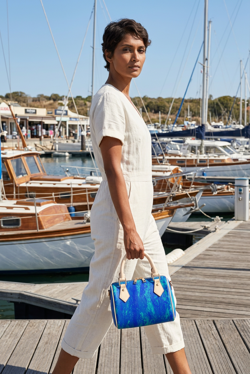 South Asian woman carrying the cream-trim bag along a marina boardwalk
