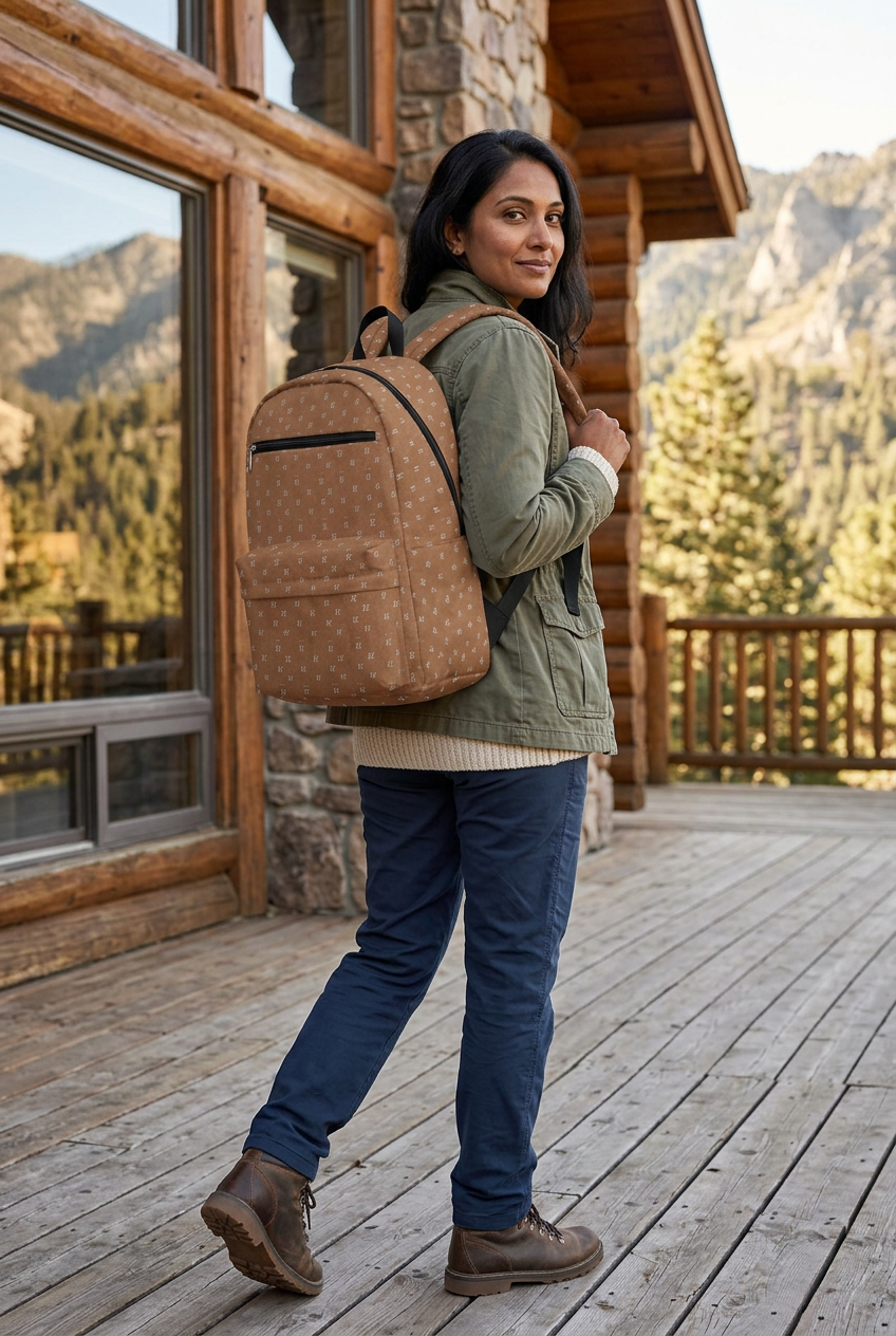 South Asian woman wearing the backpack outside a mountain lodge