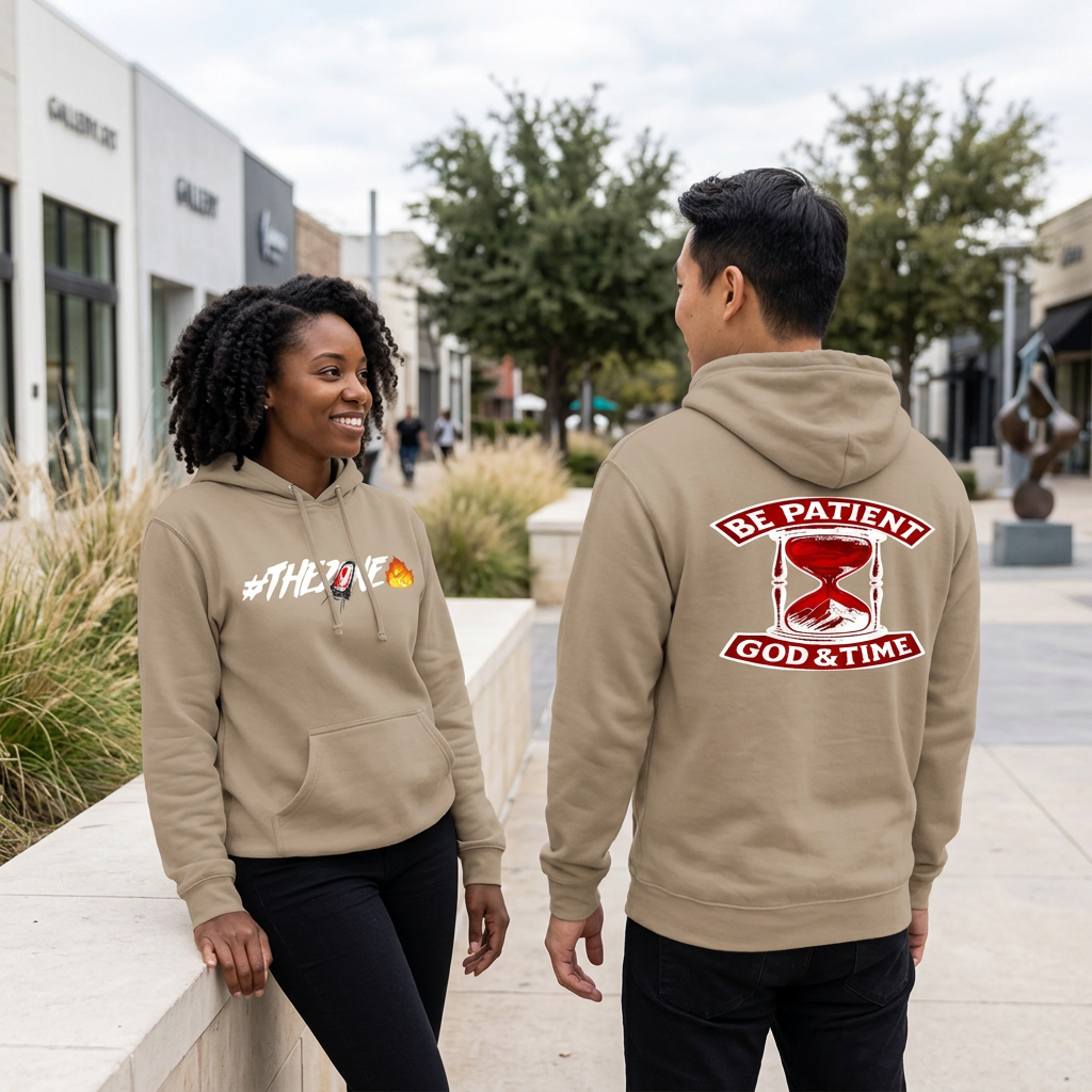 Tan hoodie outdoor lifestyle image with woman showing the front and man showing the back in an arts district