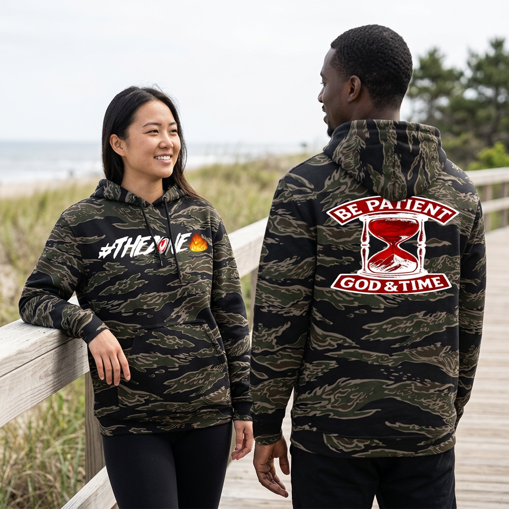 Tiger-camo hoodie outdoor lifestyle image with woman showing the front and man showing the back on a boardwalk