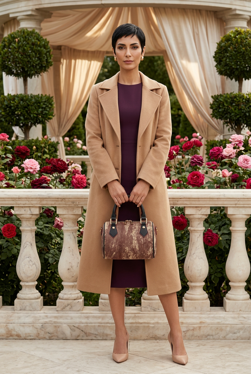 Turkish woman in plum and camel holding the handbag in a private garden pavilion