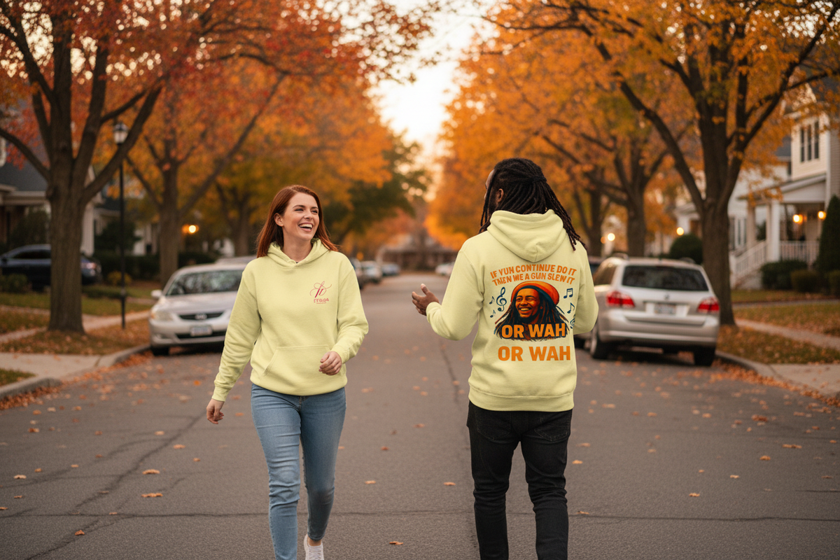 Two friends on an autumn street wearing the hoodie, front and back visible