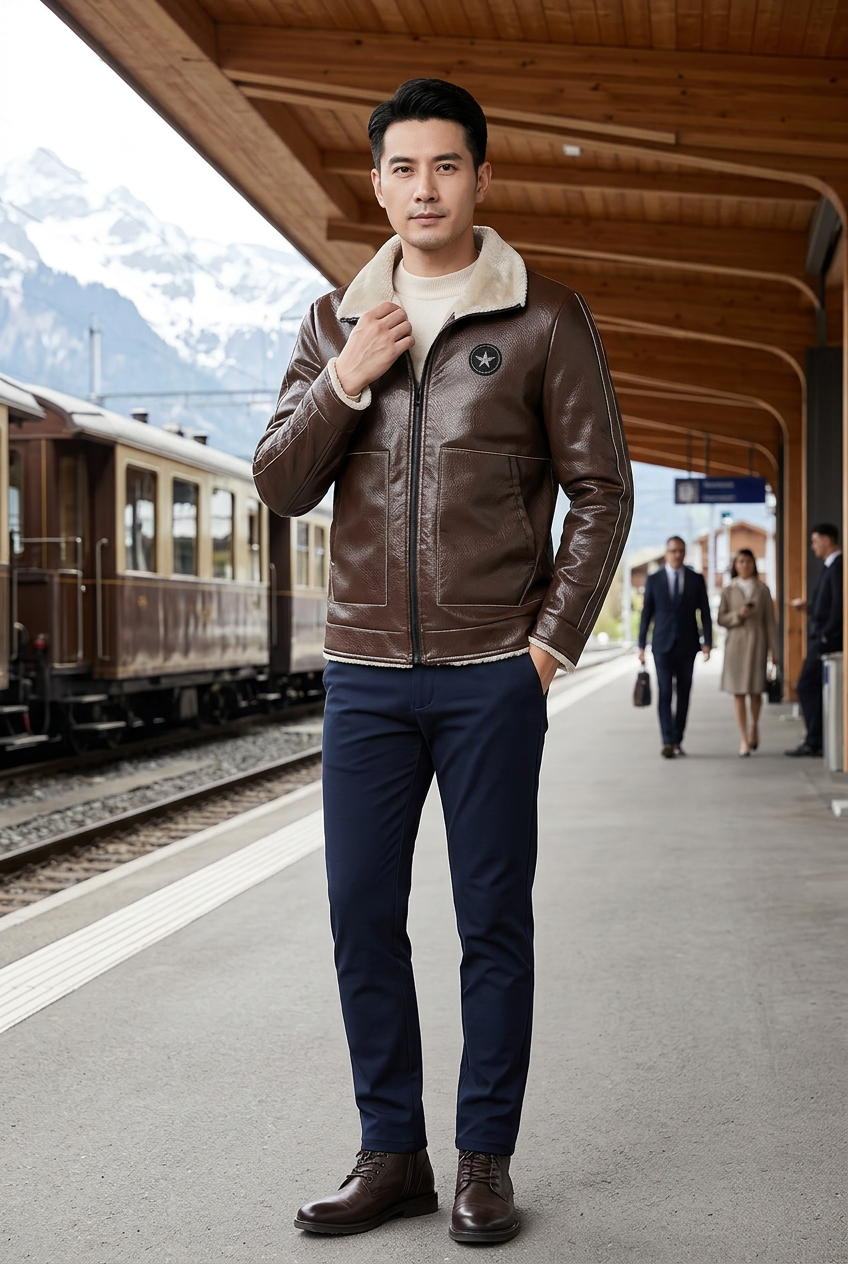 Vietnamese male model wearing the dark-brown cream-lined jacket on an alpine train platform