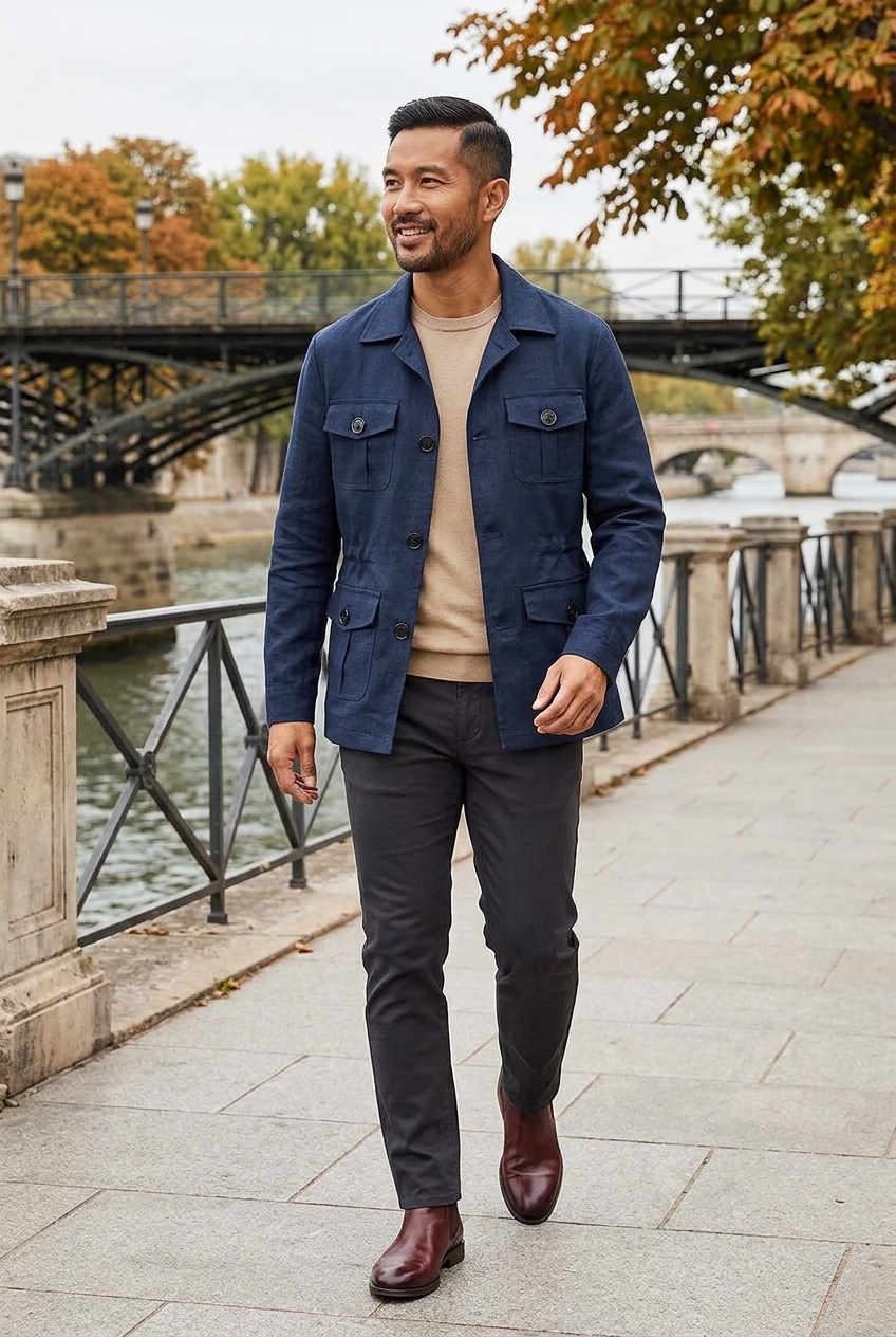 Vietnamese male model wearing the navy cargo jacket on a riverside promenade