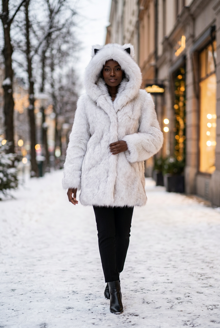White faux fur ears coat on a Black model on a snowy city street