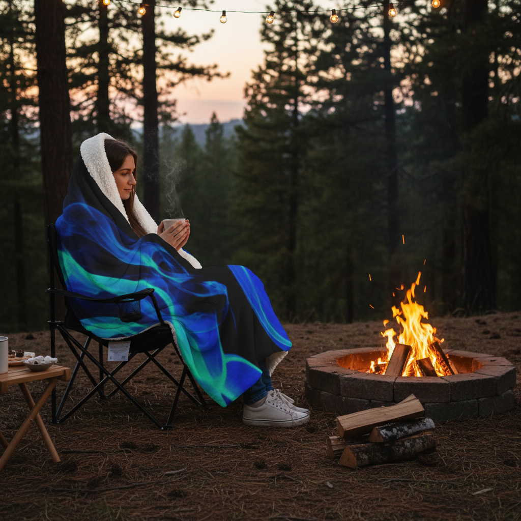 White female model blue flame blanket outdoor campfire