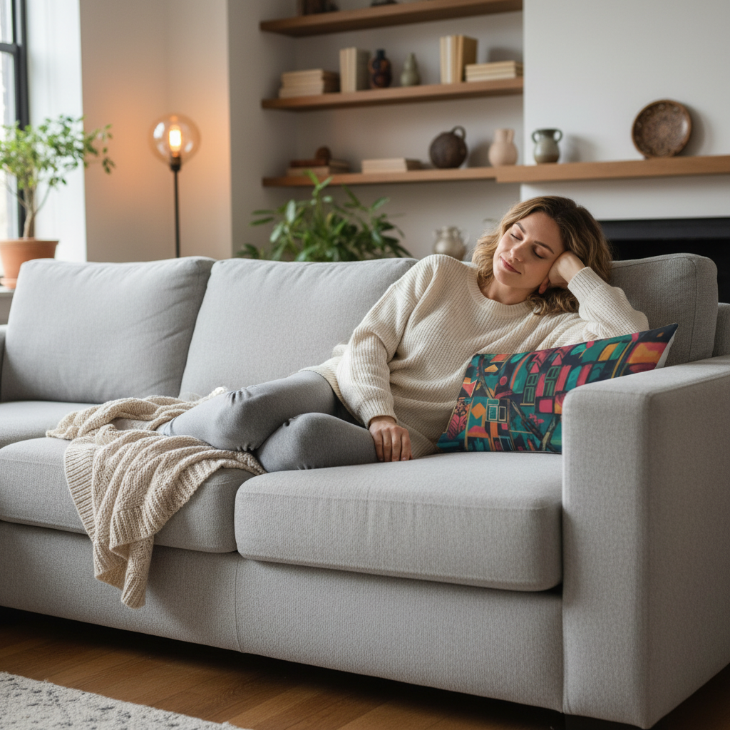White female model double-sided print pillow couch