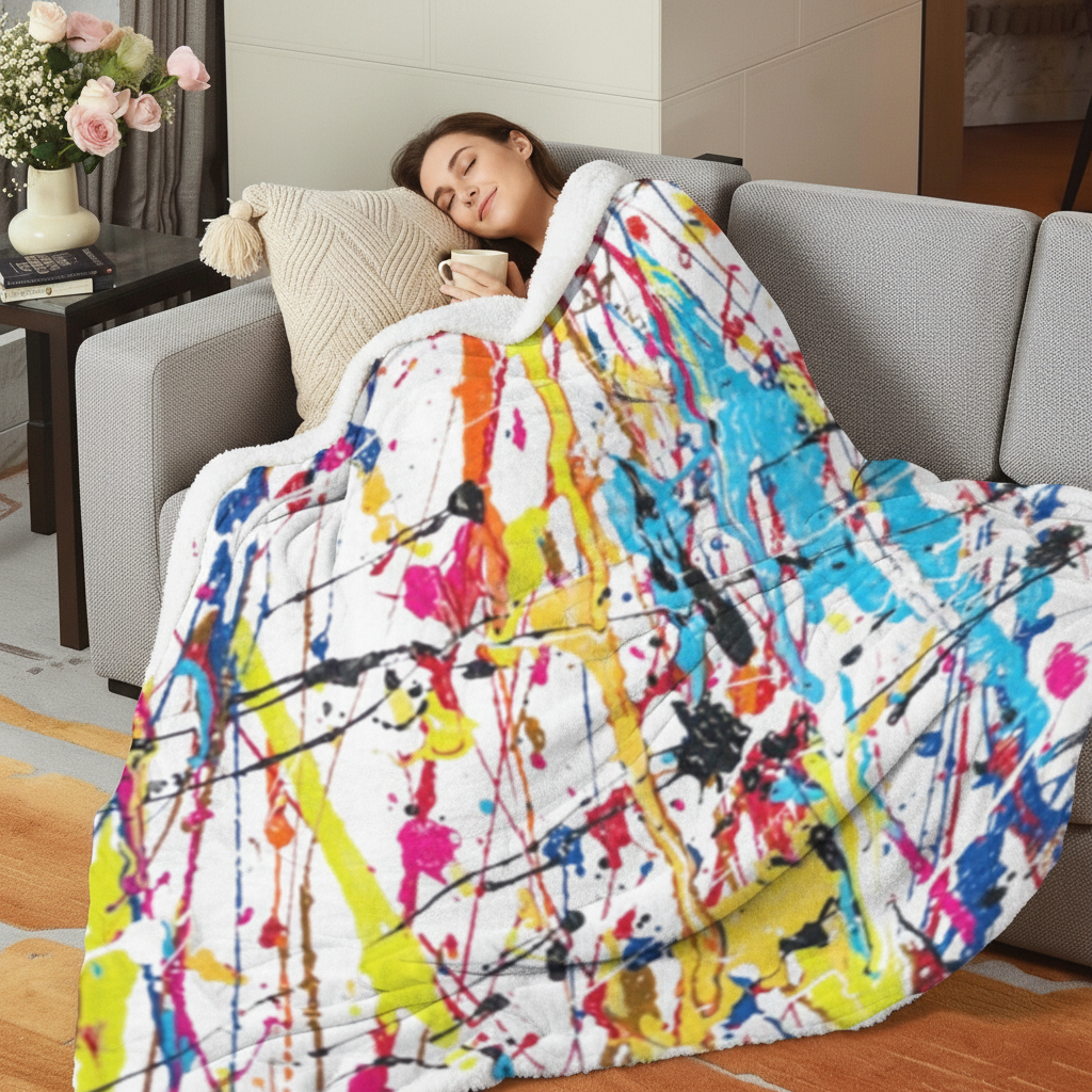 White female model paint splatter blanket lifestyle