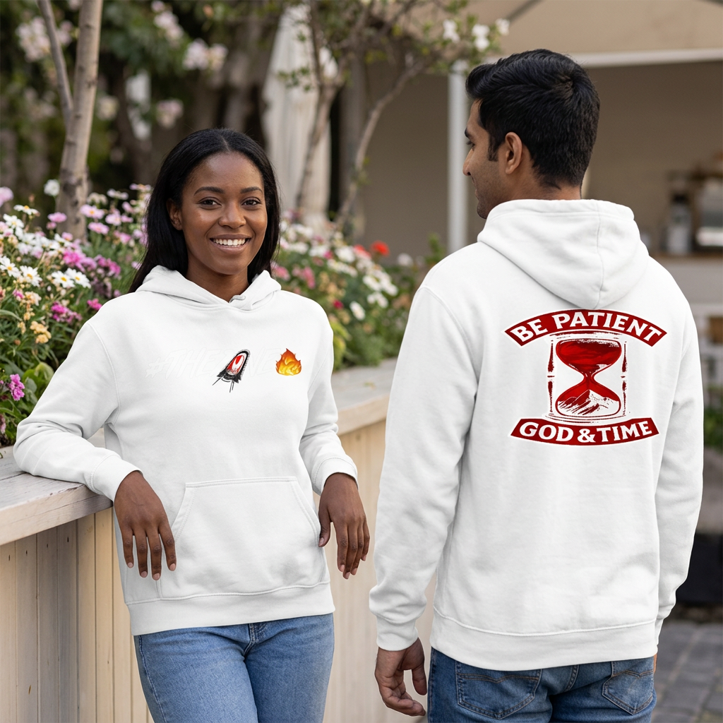 White hoodie outdoor lifestyle image with woman showing the front and man showing the back in a garden café