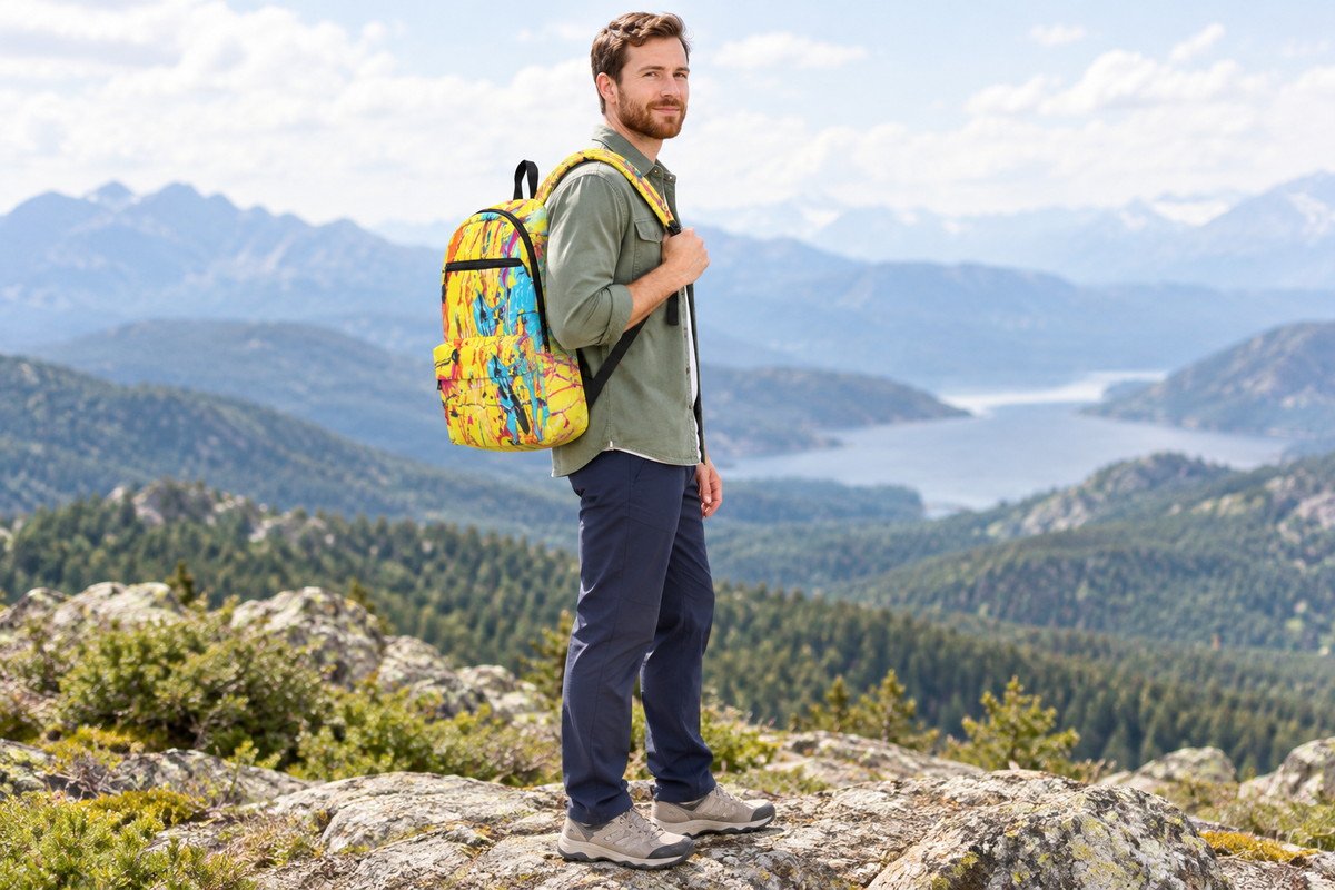 White male model carrying the backpack over one shoulder at a mountain overlook