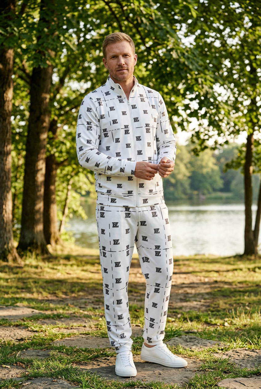White male model in a lakeside park