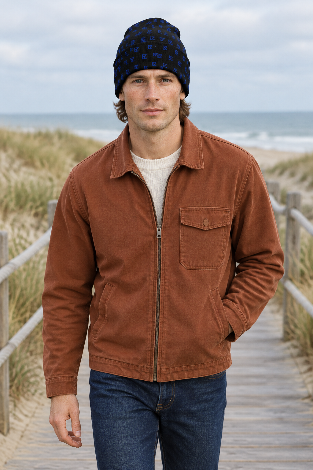 White male model mid-step on a coastal boardwalk