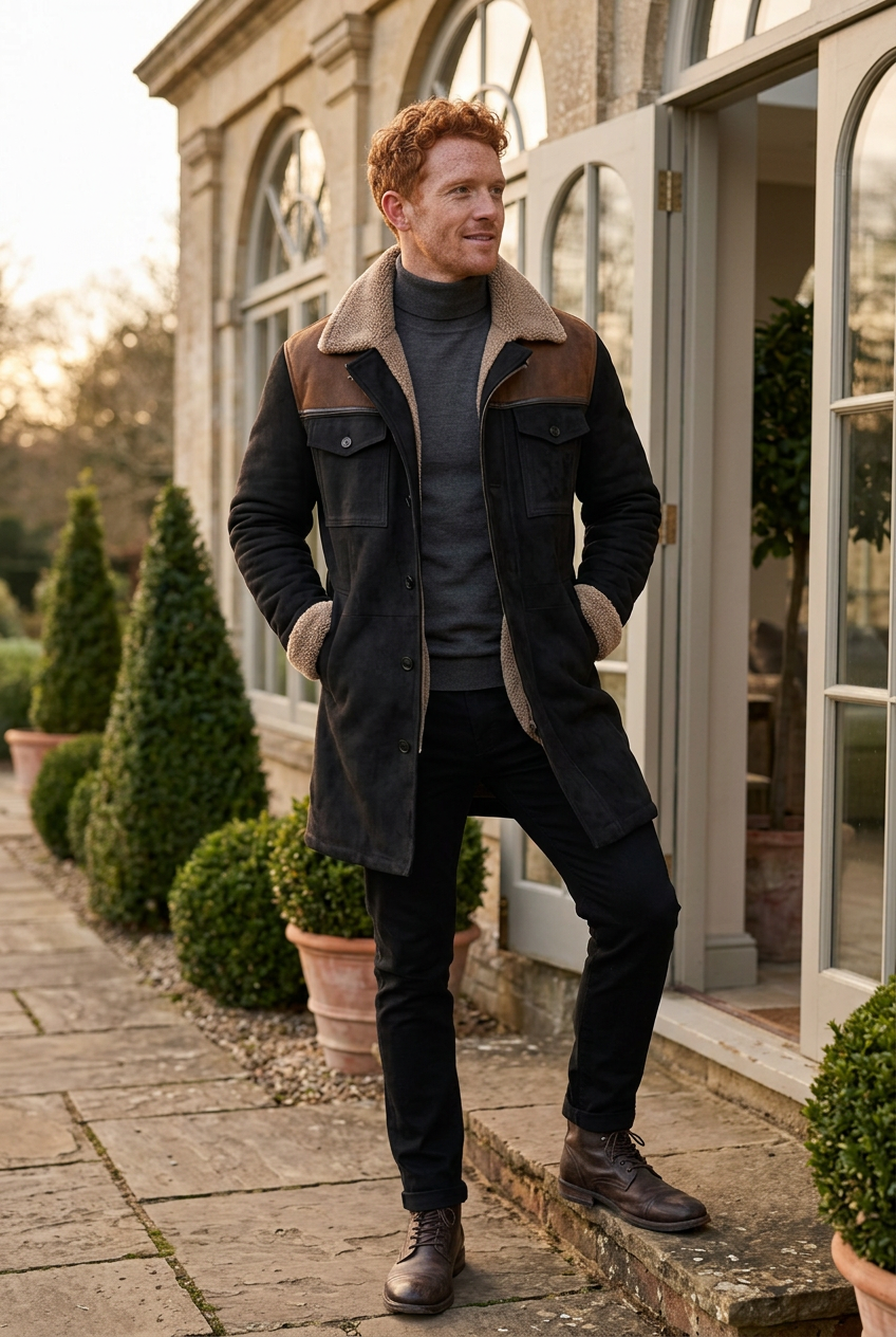 White male model wearing the coffee-colorway coat outside a countryside orangery
