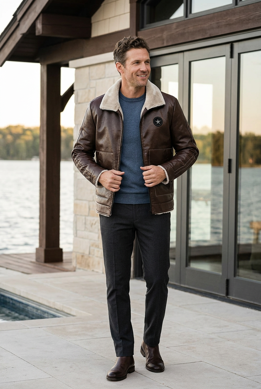 White male model wearing the dark-brown cream-lined jacket at a lakeside boathouse