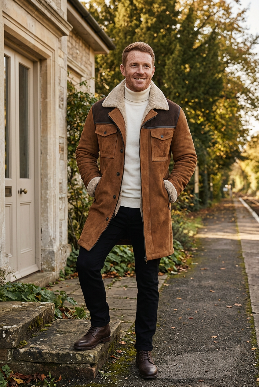 White male model wearing the two-tone brown coat outside a countryside railway lodge