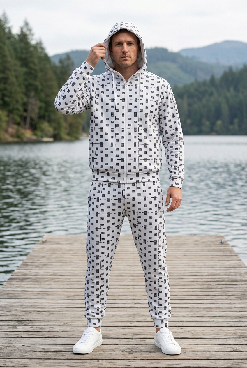 White male posing with hood up on a lakeside dock