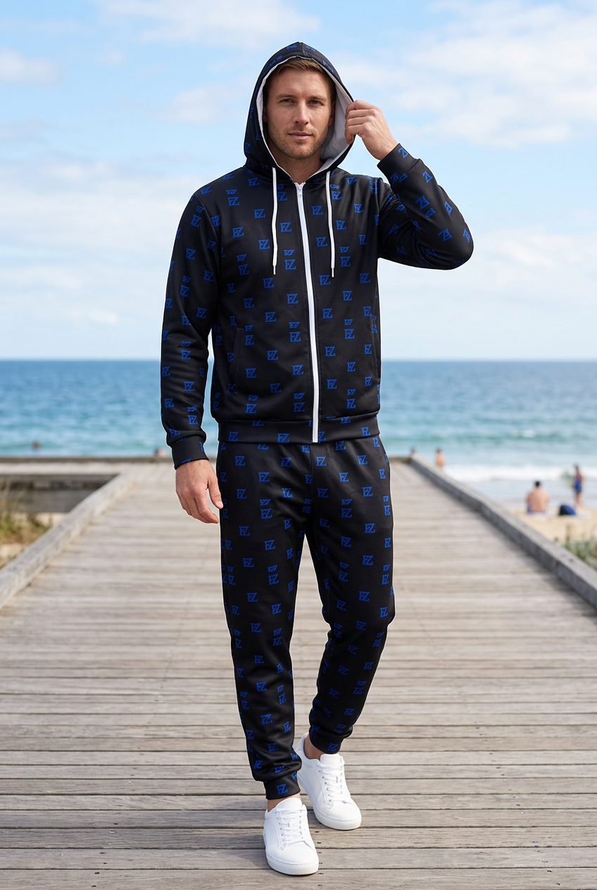 White male posing with hood up on a seaside boardwalk