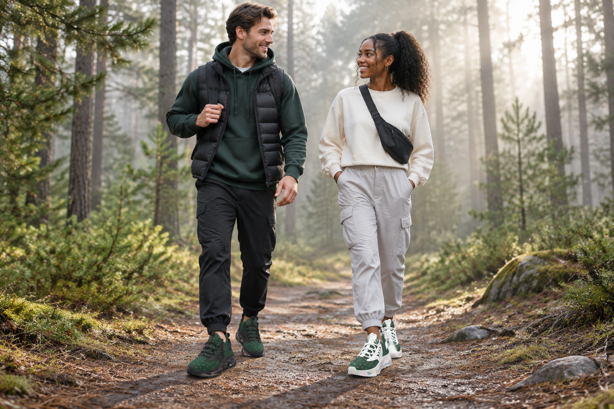White man and Black woman on a misty pine forest trail in the green Z-logo sneakers