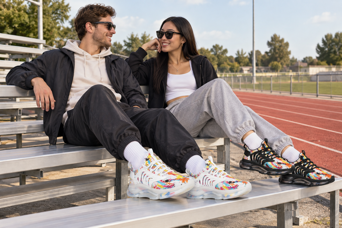White man and East Asian woman on track bleachers in the paint-splatter sneakers