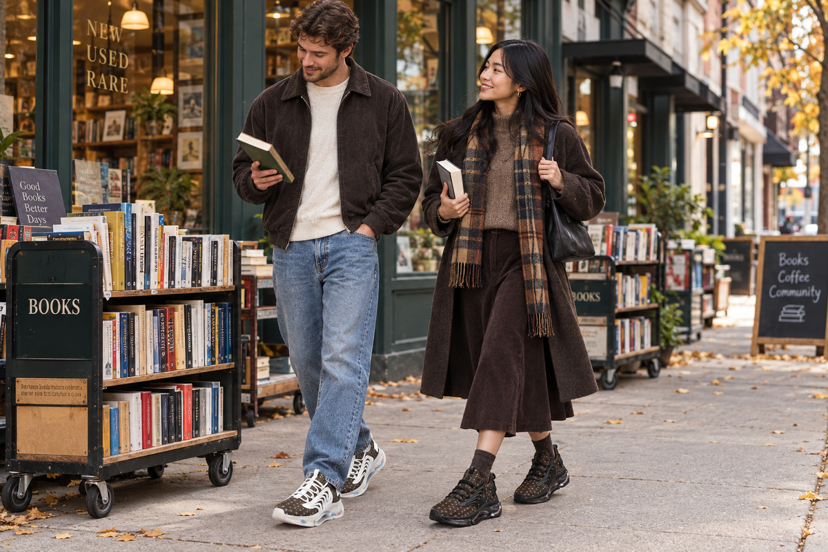 White man and East Asian woman outside a bookstore in the brown Z-logo sneakers