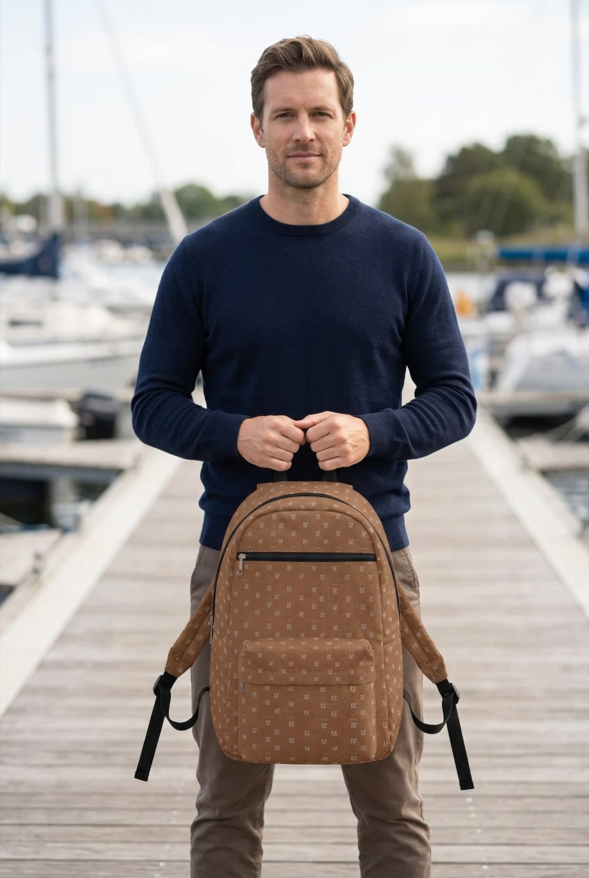 White man holding the backpack on a waterfront boardwalk