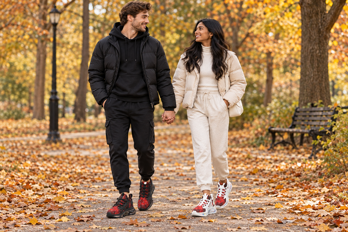 White man in black sneakers and South Asian woman in white sneakers in an autumn park
