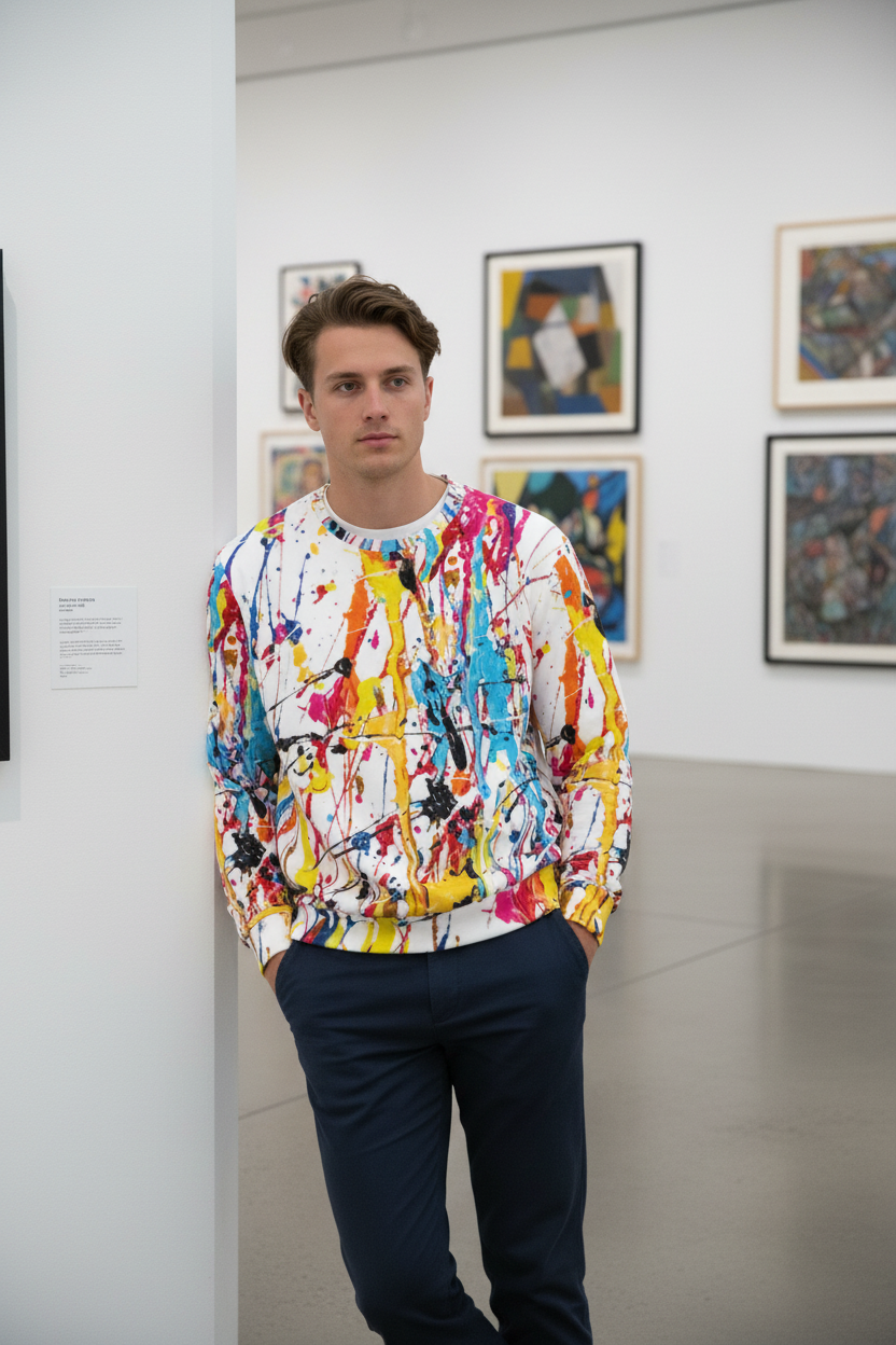 White man in paint splatter sweatshirt, gallery setting
