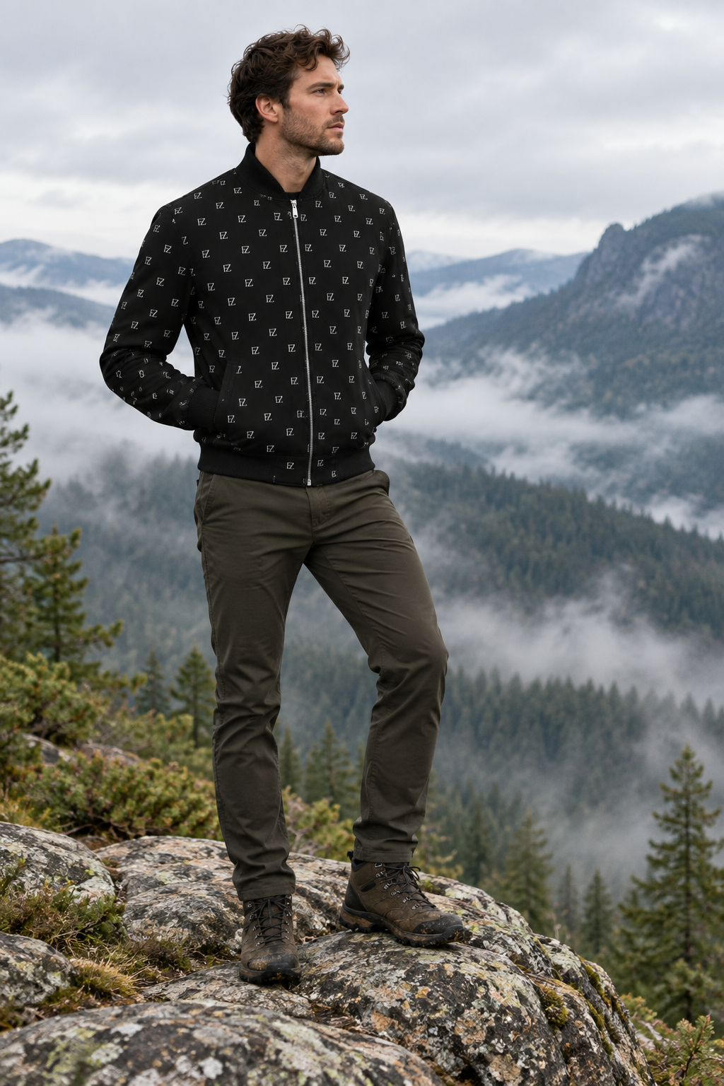 White man in the black FZ bomber at a misty forest overlook
