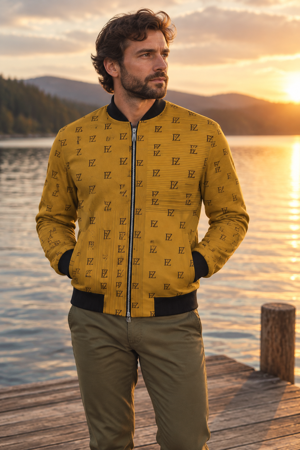 White man in the mustard FZ bomber by a lake dock at golden hour