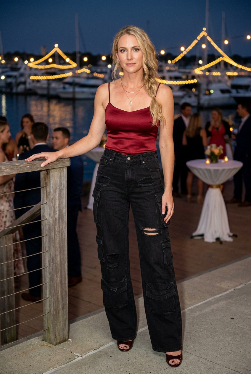 White model at a waterfront cocktail party in black cargo jeans and burgundy heels