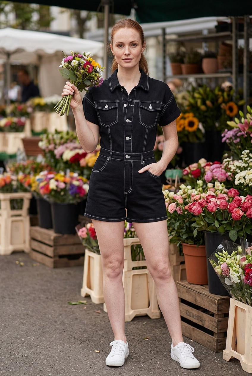 White model holding flowers at an outdoor market