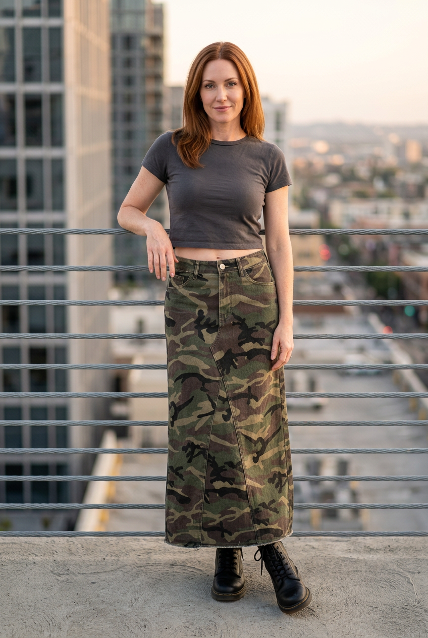 White model in a relaxed rooftop pose