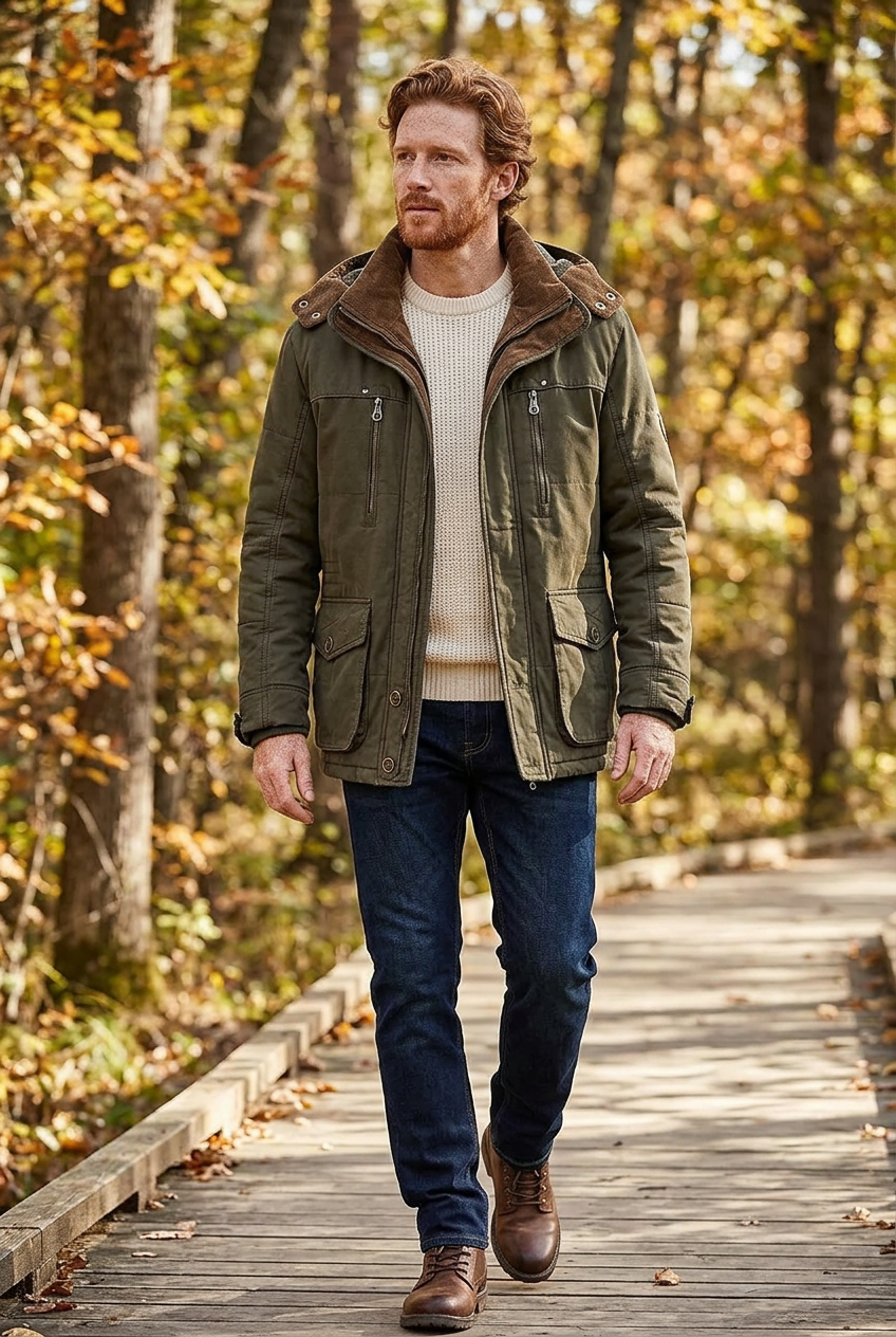 White model walking along an autumn woodland boardwalk