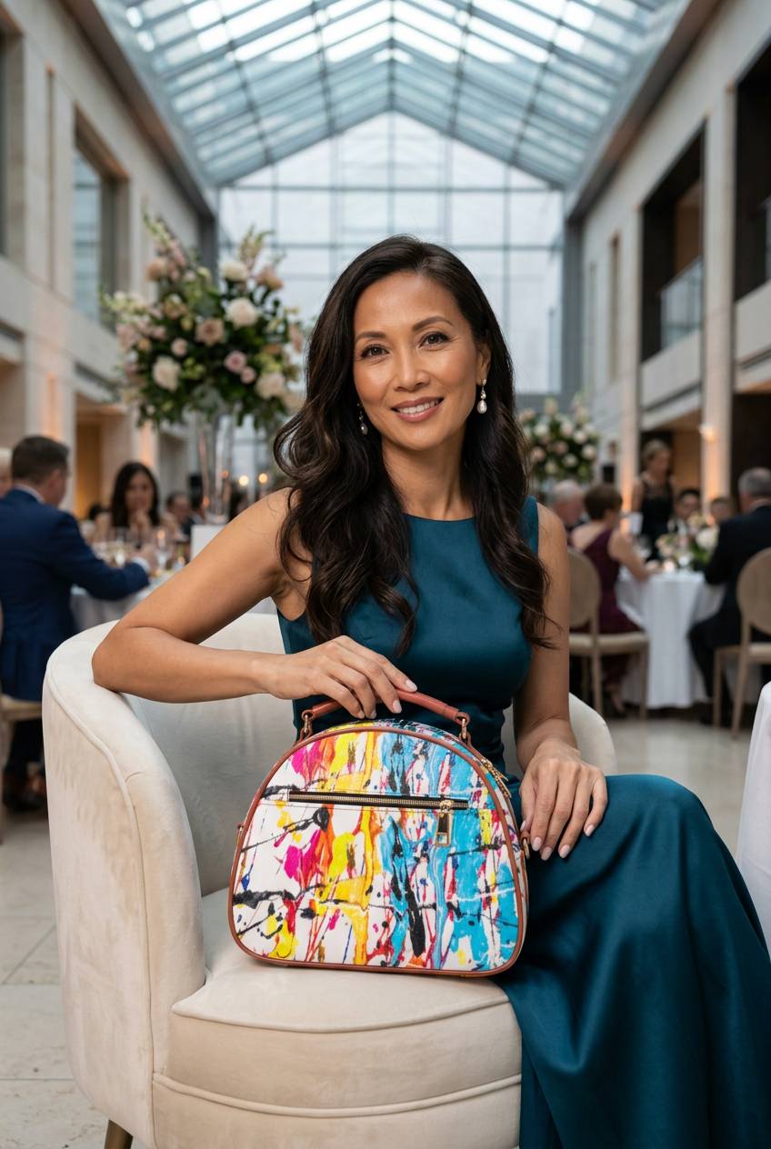 White paint-splash mini handbag at a charity auction