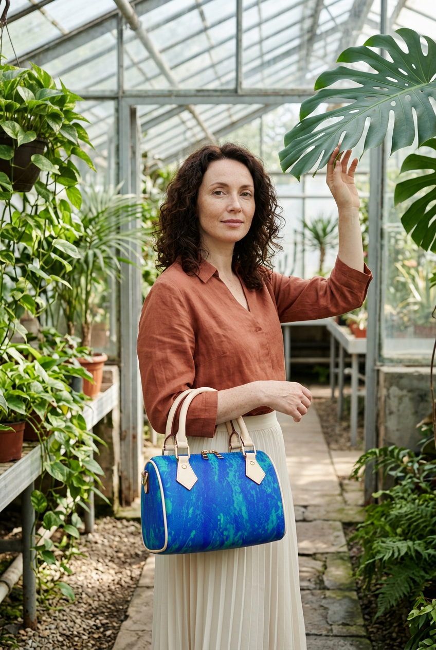 White woman carrying the cream-trim bag over her forearm in a greenhouse