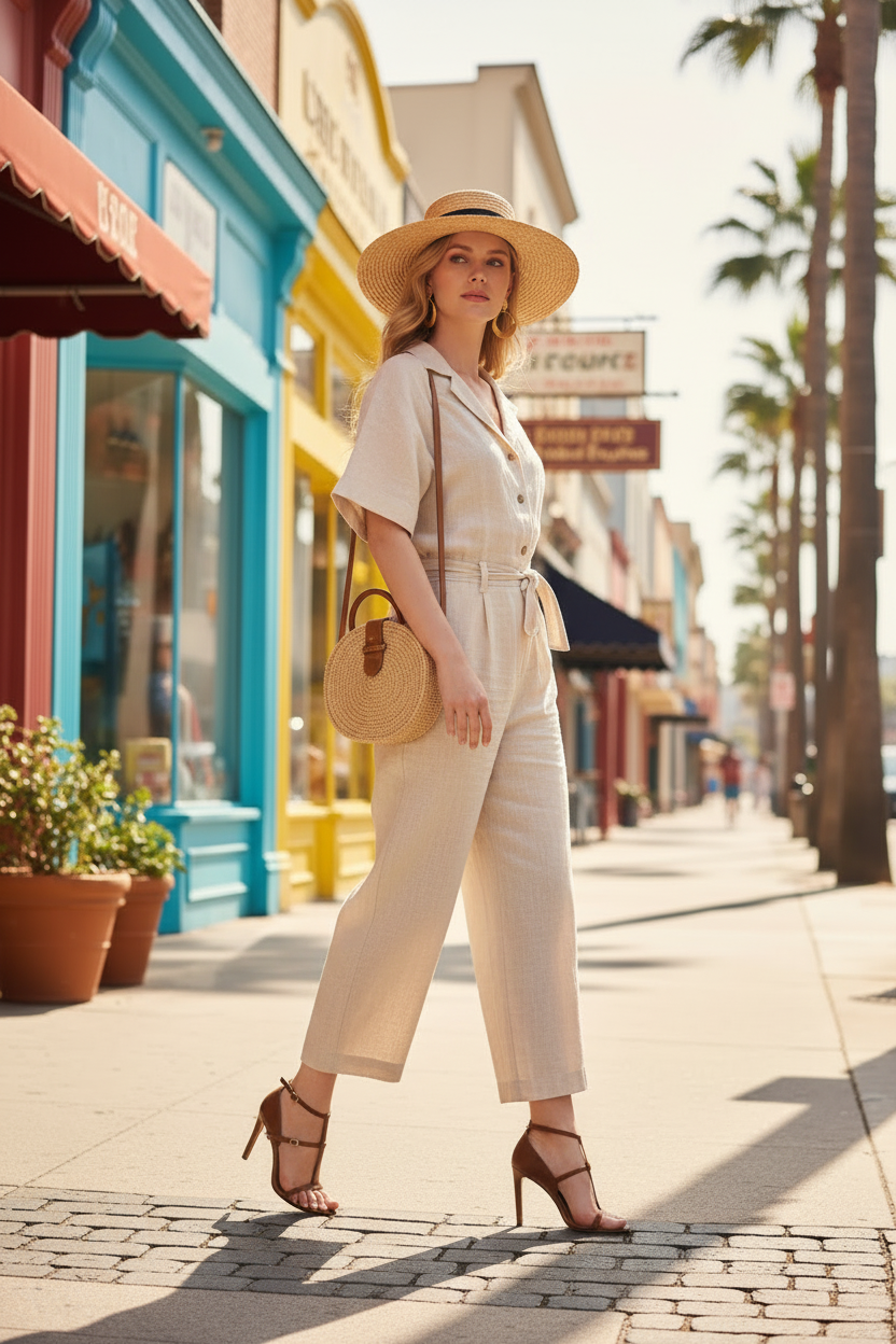 White woman wearing cognac brown T-bar stiletto sandals on European cobblestone street