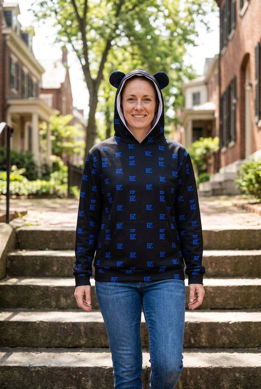 White woman wearing the hoodie on stone stairs