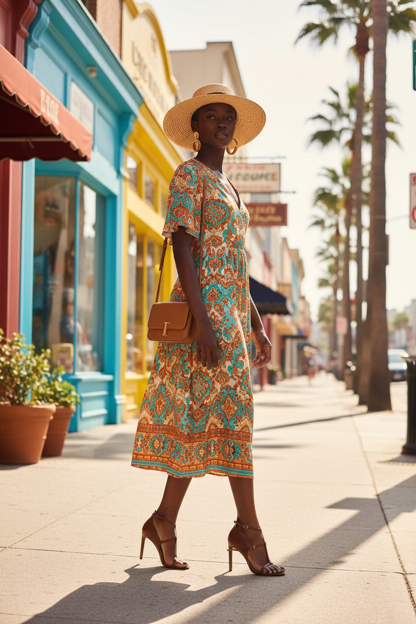 Woman wearing cognac brown T-bar stiletto sandals on city sidewalk