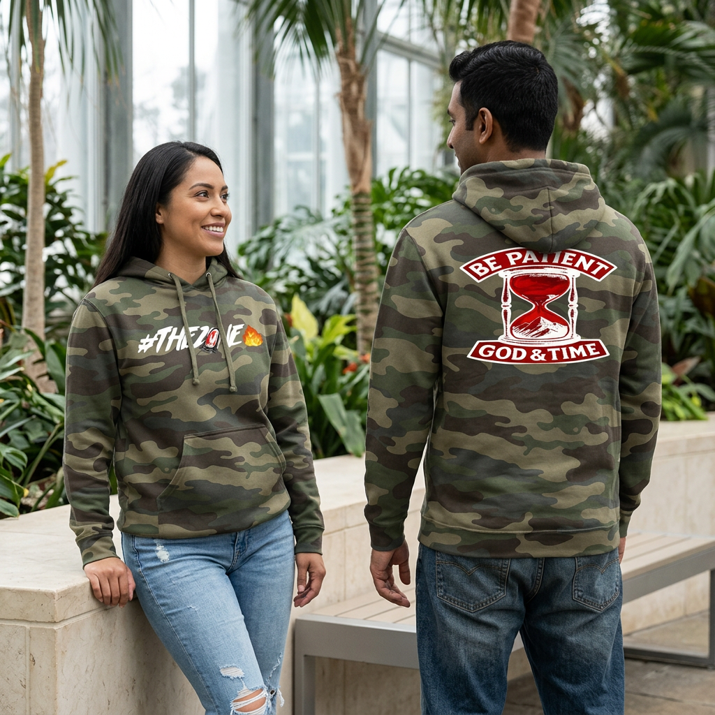 Woodland camo hoodie lifestyle image with woman showing the front and man showing the back in a conservatory